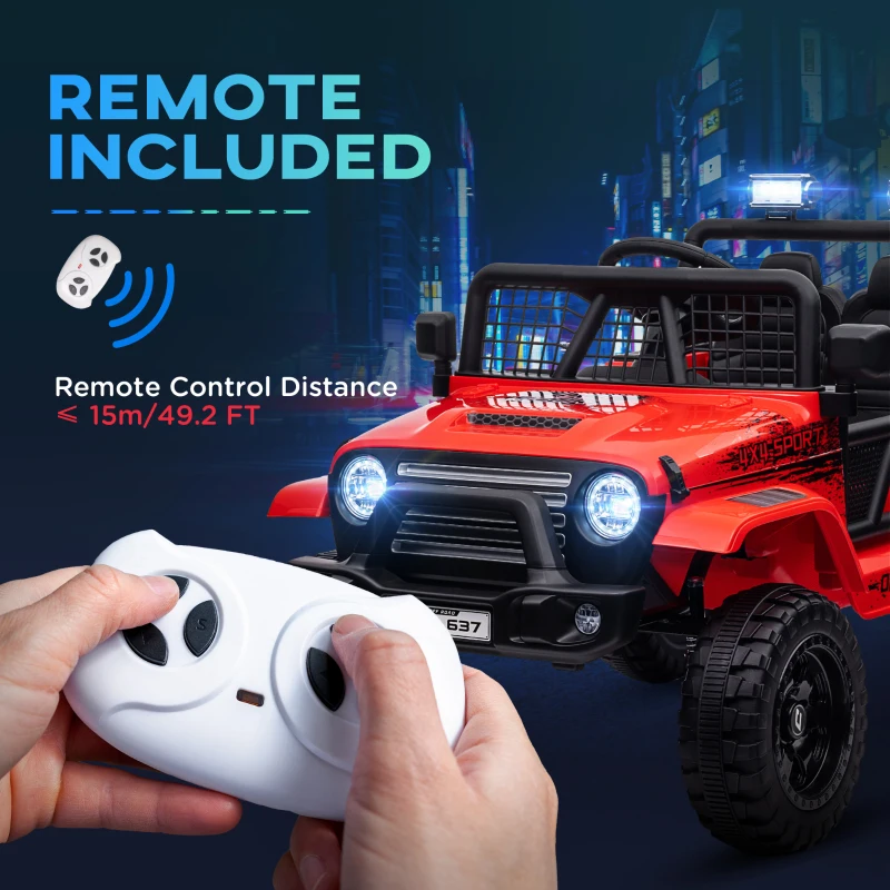 Qaba 12V Ride on Car, Ride on Truck w/ Remote, 4 Suspension Wheels, 3 MPH Max Speed, Music, Horn & Lights, Red(m-7)