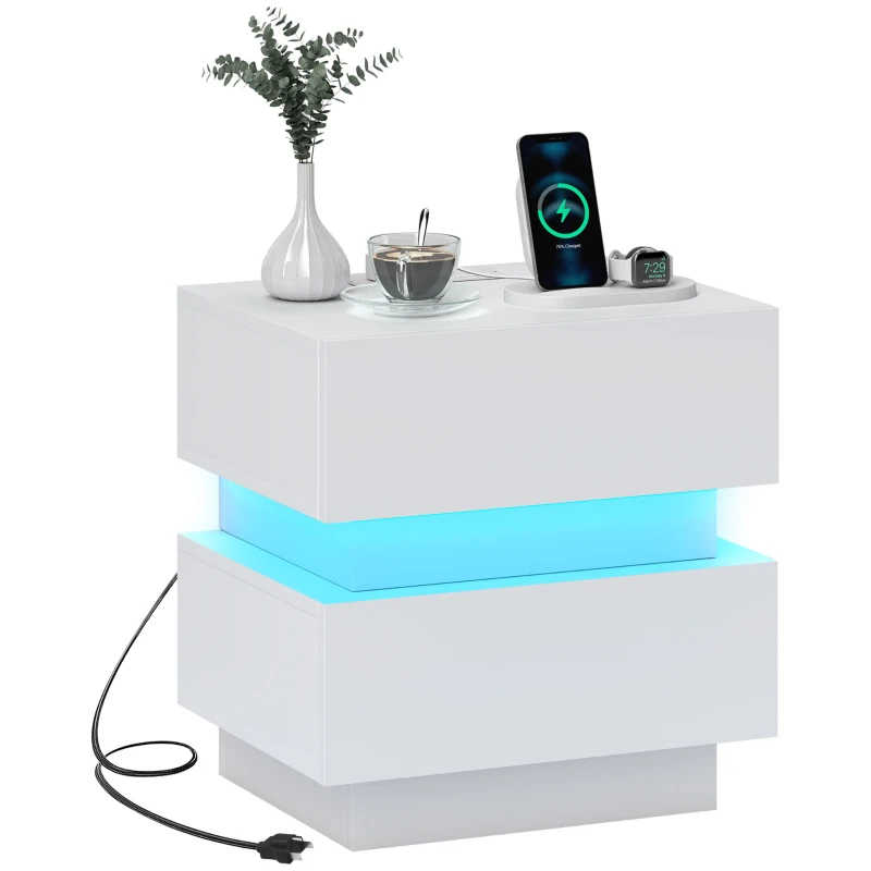 HOMCOM Bedside Table with Charging Station and LED Light Modern Nightstand with USB Ports AC Outlets Drawers Remote, White
