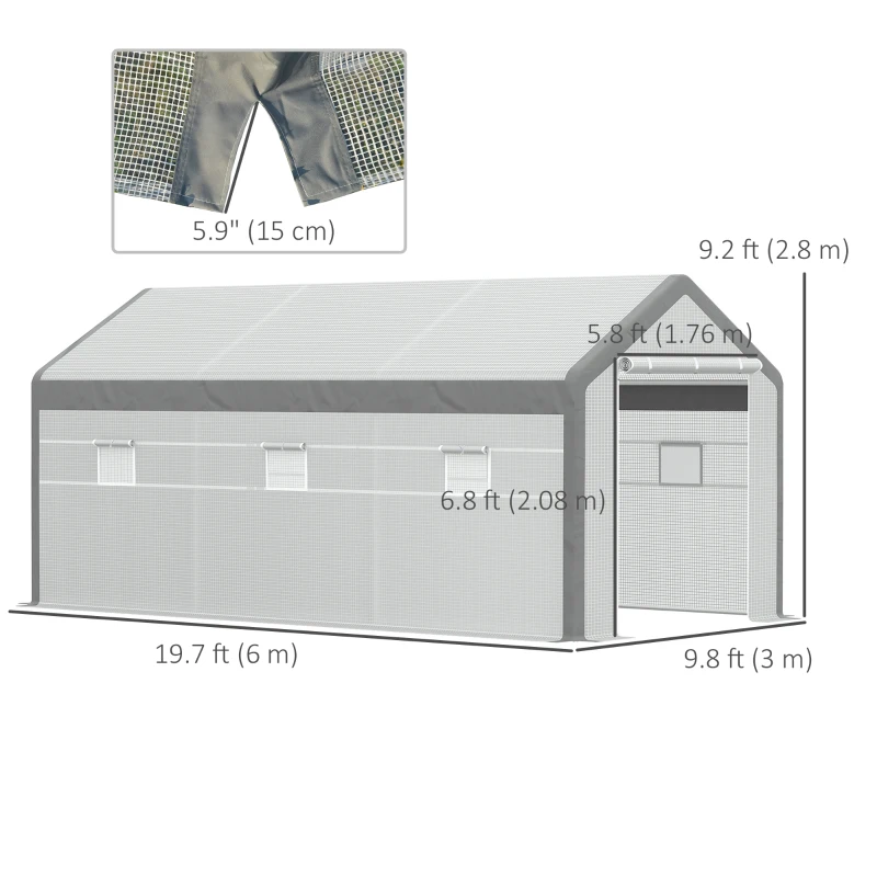 Outsunny 20' x 10' x 9' Walk-in Greenhouse with Roll Up Doors & 6 Windows Plant Growth Warm House Outdoor, PE Cover, White