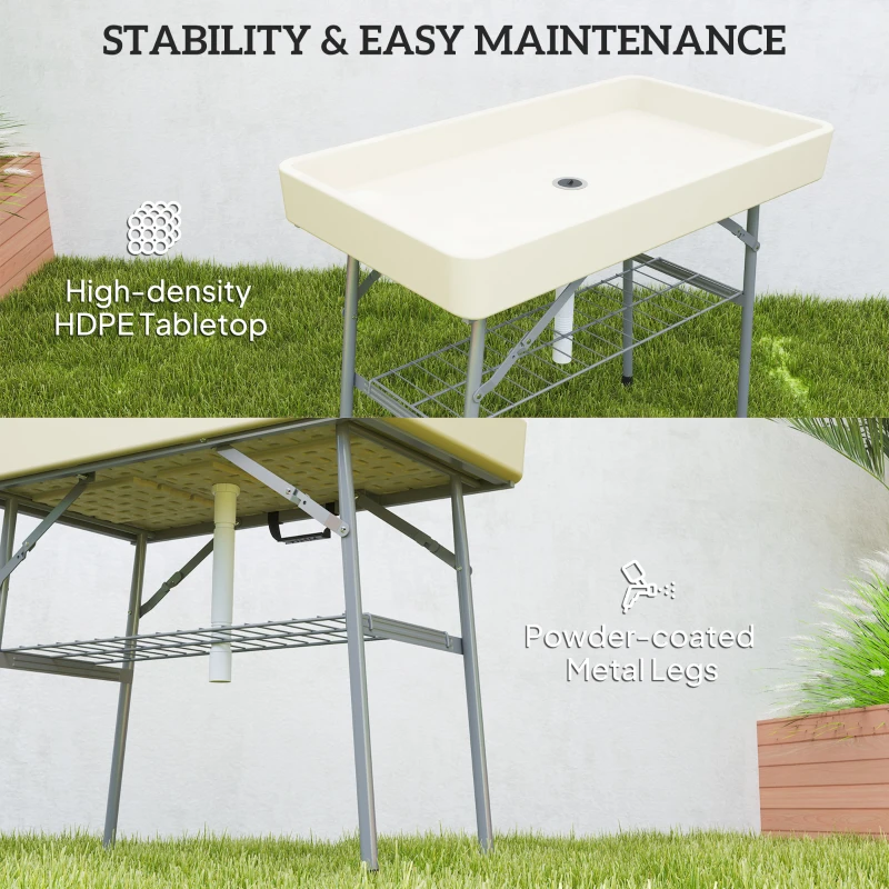 Outsunny 3.4ft Folding Ice Cooler Table with Drain, Fill and Chill Table Outdoor Table Cooler with Storage Shelf, Drink Cooler for Parties Picnic BBQ Camping Wedding, Tan