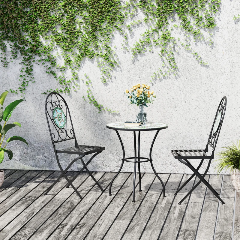 Outsunny 3 Piece Patio Bistro Set with Mosaic Design, Outdoor Dining Furniture Set for 2 with Folding Chairs, Green