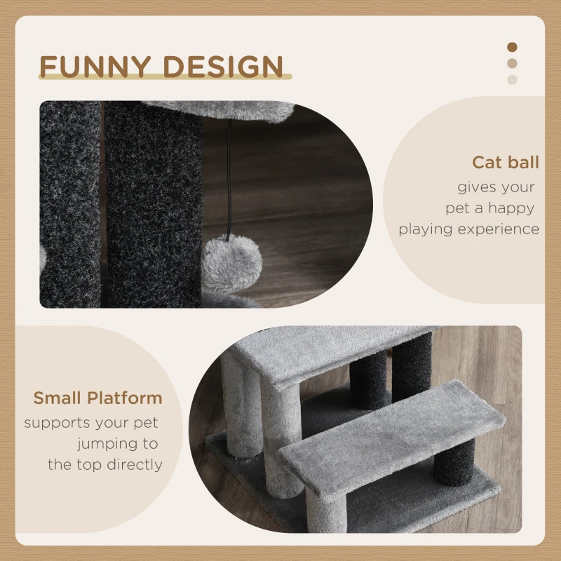 PawHut Cat Stairs for Bed, Couch 3 Steps, Small Cat Tree for Indoor Cats with Scratching Posts Toy Ball, 17.5" x 15.5" x 19"