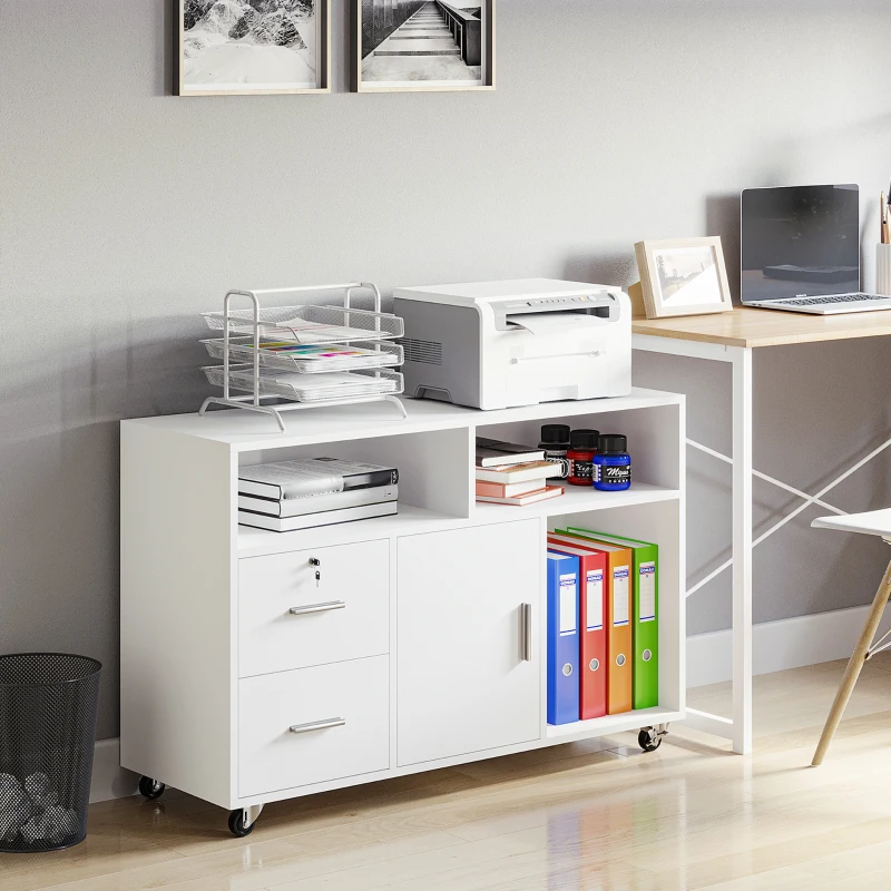 HOMCOM Lateral Filing Cabinet with Open Storage Shelf, Printer Stand Home Office Mobile File Cabinet with Wheels, Lockable Drawer, White