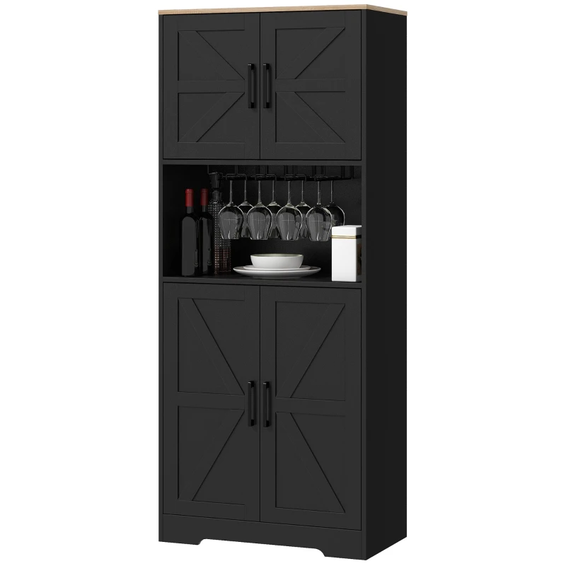 HOMCOM Farmhouse Kitchen Pantry, 68" Freestanding Hutch Storage Cabinet with Microwave Oven Countertop, Black