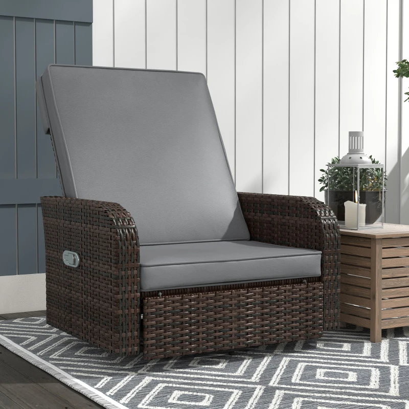 Outsunny Wicker Swivel Chair w/ Cushion, Patio Recliner Chair, Grey