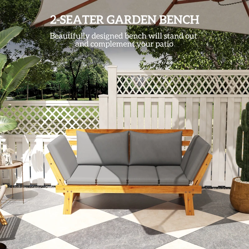 Outsunny Wooden Garden Bench for Outdoor, Front Porch Bench, Patio Loveseat with Cushions, Adjustable Armrests, Gray
