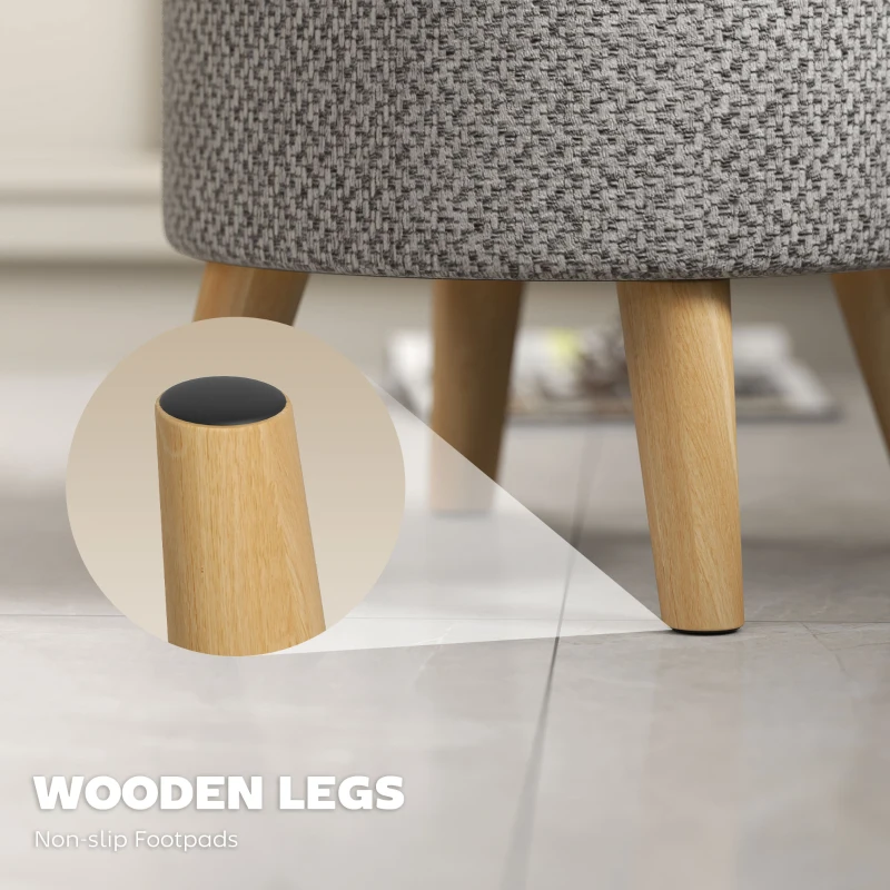 HOMCOM Round Ottoman Stool with Storage, Linen Upholstered Foot Stool with Padded Seat, Hidden Space and Wood Legs, Light Gray