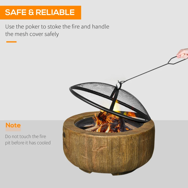 Outsunny Outdoor Fire Pit, 24 Inch Metal Wood Burning Fireplace with Spark Cover, Poker, Woodgrain Design for Patio, Picnic, Backyard, Light Brown
