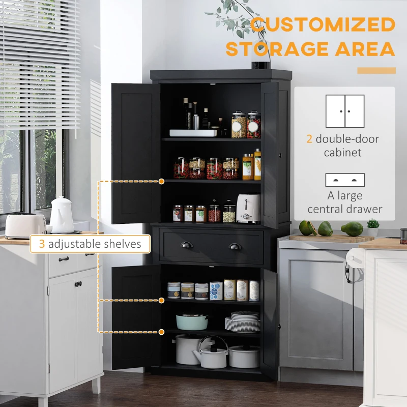 HOMCOM 72.5" Kitchen Pantry Cabinet, Traditional Freestanding Storage Cabinet with 4 Doors, Drawer and 3 Adjustable Shelves for Dining Room, Black