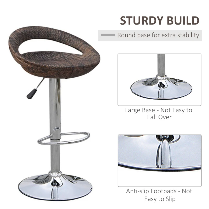HOMCOM Set of 2 Pub Bar Stools Rattan Wicker Chair Chrome Finish Adjustable Swivel Seat, Deep Brown
