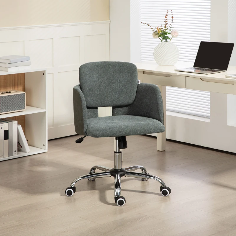 HOMCOM Small Desk Chair, Height Adjustable Fabric Office Chair with Swivel Wheels, Tilt Function, Computer Chair, Grey