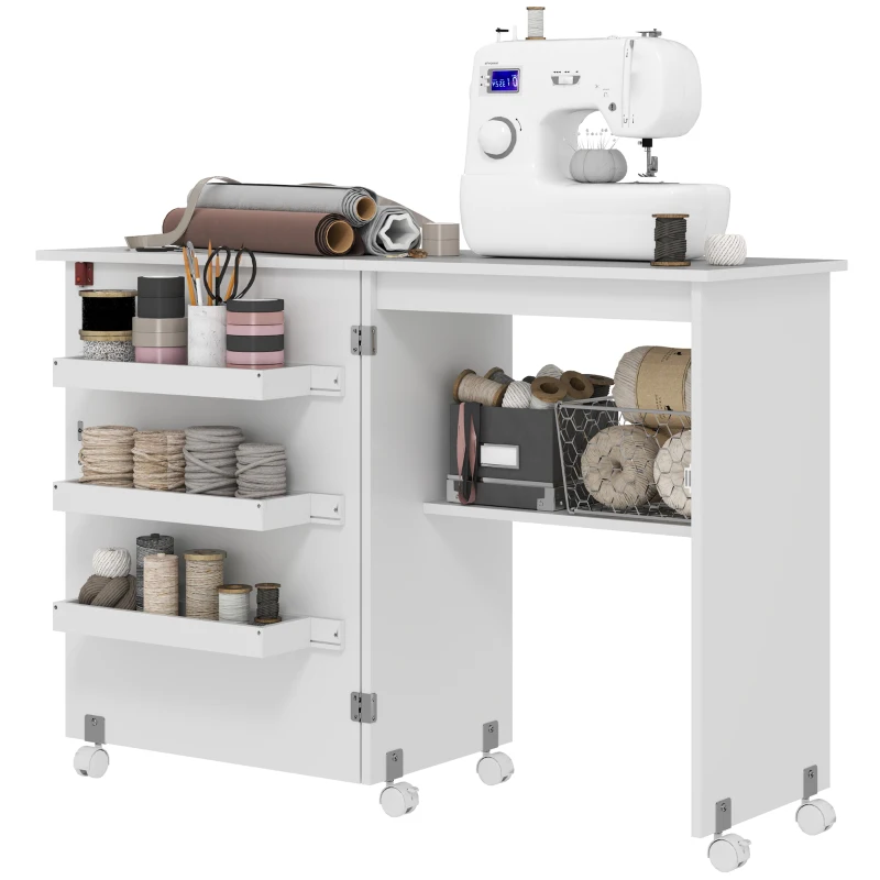 HOMCOM Sewing Machine Cabinet, Folding Sewing Table with Storage Shelf, Bins and Lockable Wheels for Small Space, White