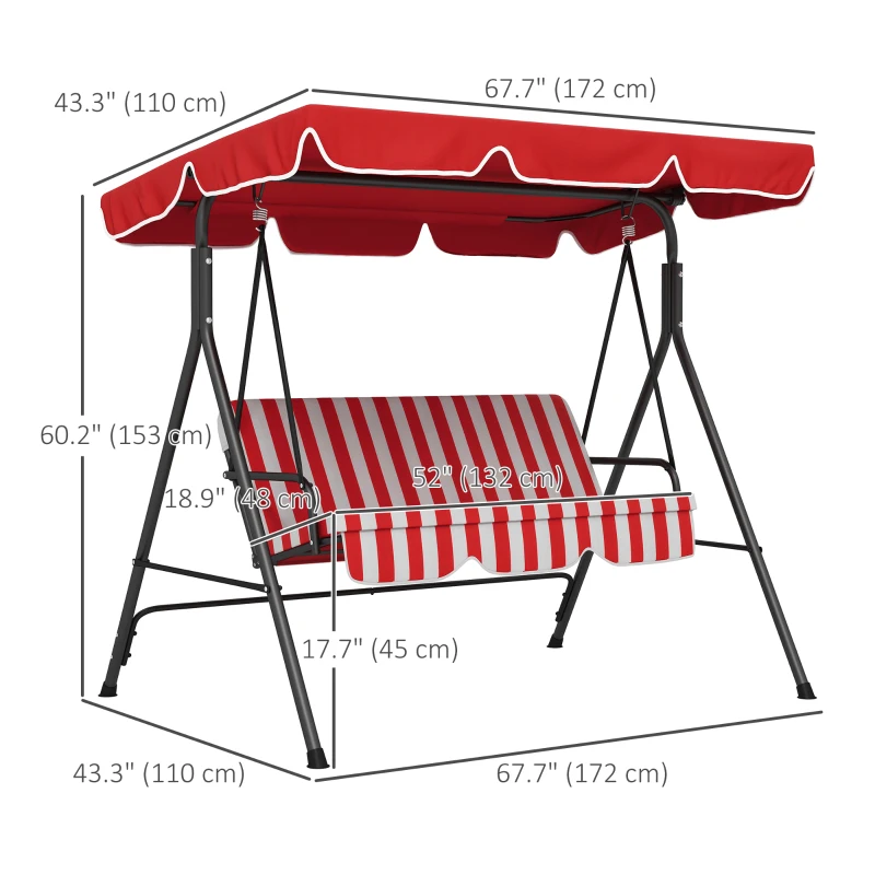 Outsunny 3-Seater Outdoor Porch Swing with Adjustable Canopy, Patio Swing Chair for Garden, Poolside, Backyard, Red