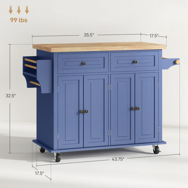HOMCOM Kitchen Island on Wheels, Rolling Cart with Rubberwood Top, Spice Rack, Towel Rack and Drawers, Navy Blue