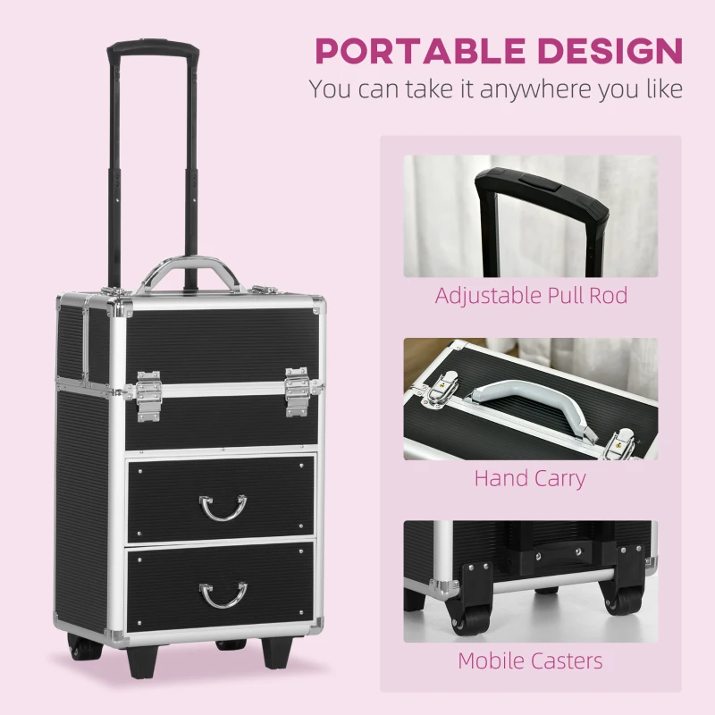 HOMCOM Rolling Makeup Storage Case w/ Swivel Wheel, Black