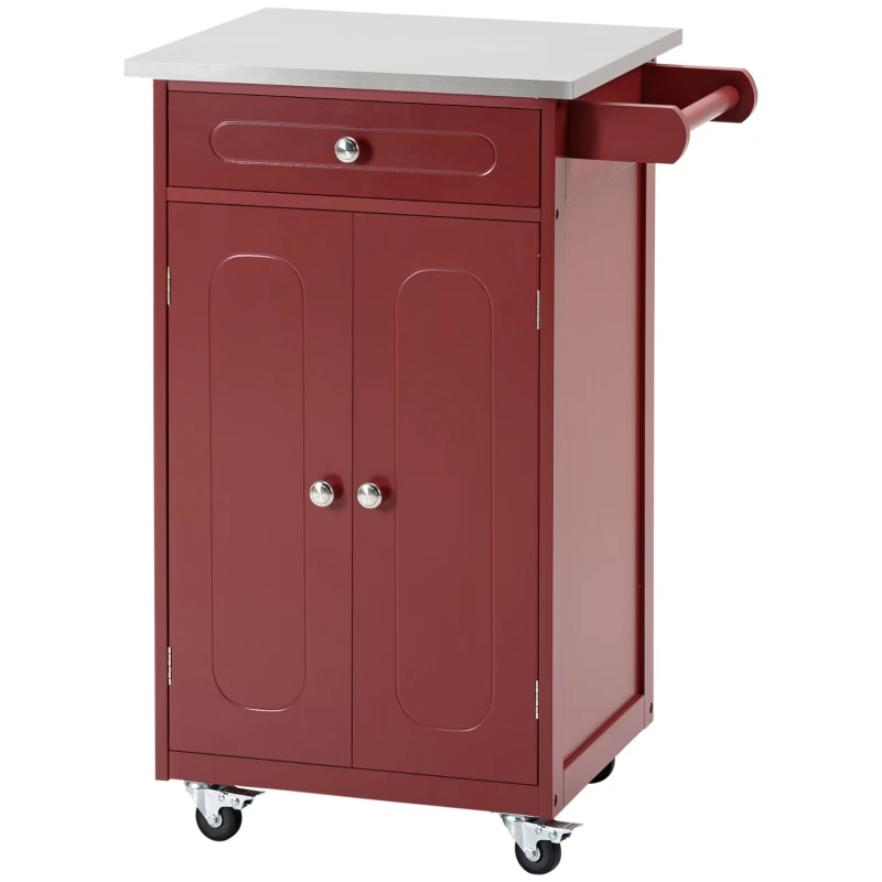 HOMCOM Kitchen Cart, Small Kitchen Island, Stainless Steel Top Utility Trolley on Wheels with Storage Drawer for Dining Room, Kitchen, Red
