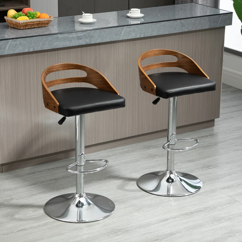 HOMCOM Bar Stools Set of 2, Adjustable Height Counter Height Bar Stools, Swivel Bar Chair with PU Leather Padded Seat, Footrest