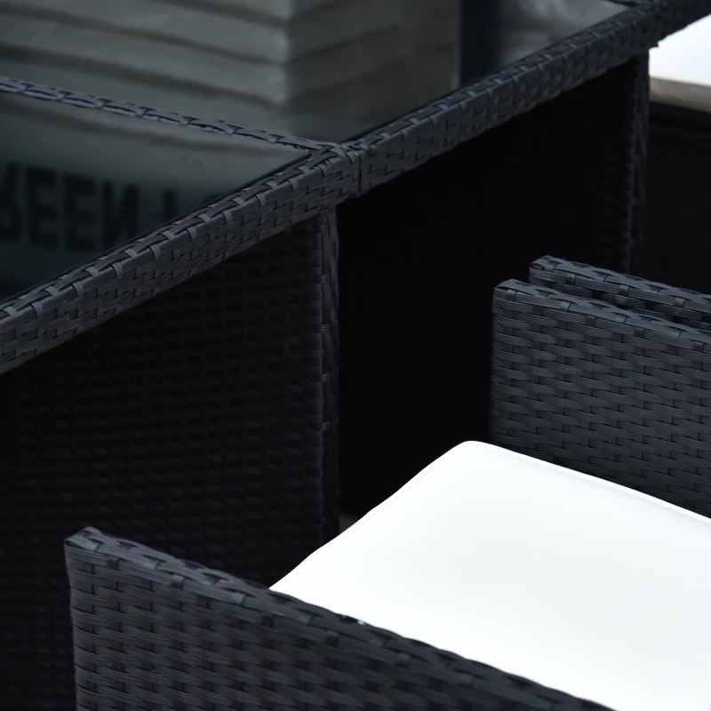 Outsunny 11 Pieces Wicker Patio Dining Set Outdoor Furniture Set with Removable Cushions, Glass Top Dining Table, PE Rattan Conversation Set for Garden Poolside Backyard, Black