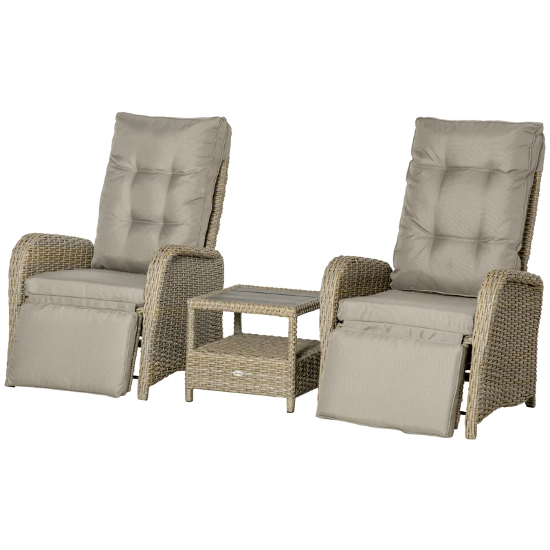 Outsunny 3 Pieces Patio Wicker Bistro Set, PE Rattan Coffee Table & Adjustable Recline Chairs Furniture Set with Cushions and Wood Grain Plastic Top, Khaki