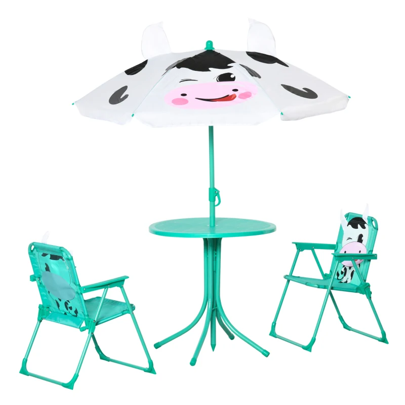 Outsunny Kids Table and Chair Set, Outdoor Folding Garden Furniture, Picnic Table for Patio Backyard, with Removable & Height Adjustable Sun Umbrella, Aged 3-6 Years Old,White