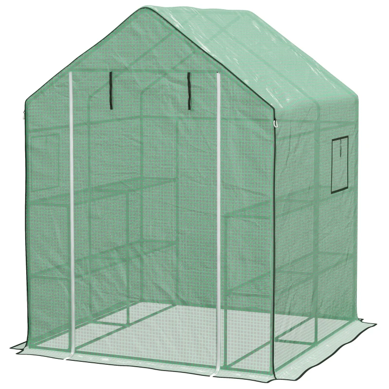 Outsunny 4.6' x 4.7' x 6.2' Walk-in Greenhouse with 3 Tier 8 Shelves, Outdoor Green House with Reinforced PE Cover, Garden Plant Grow Hot House Roll-up Door and Mesh Windows, Green
