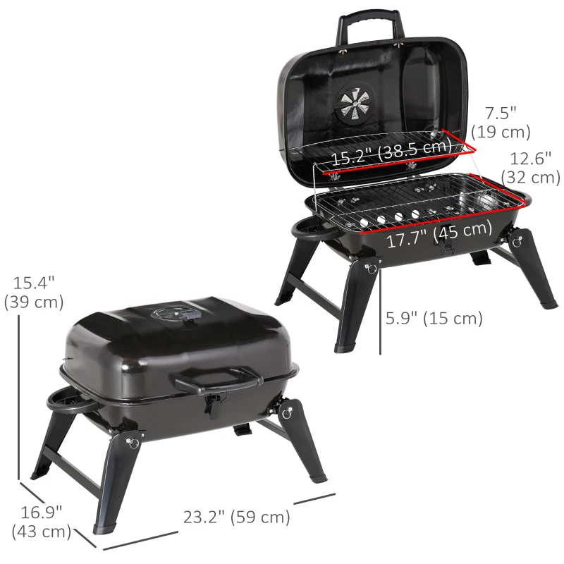 Outsunny 23" Portable Tabletop Steel Charcoal Grill Foldable Outdoor BBQ Camping Picnic Cooker Barbecue Smoker with Air Vent Black