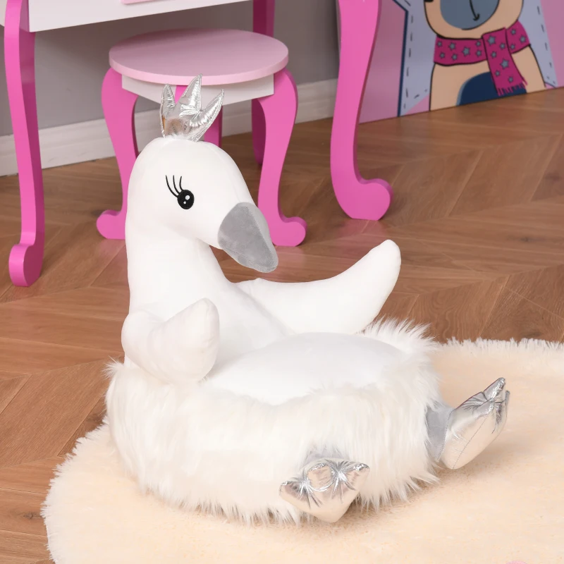 Qaba Stuffed Animal Sofa Armrest Chair Cartoon Storage Bean Bag Chair for Kids with Cute Swan Flannel PP Cotton 22" x 16.5" x 22" White
