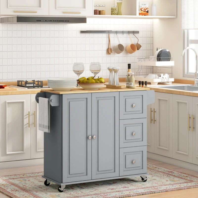 HOMCOM Kitchen Island on Wheels, Kitchen Cart with Drop Leaf, Drawers, Grey