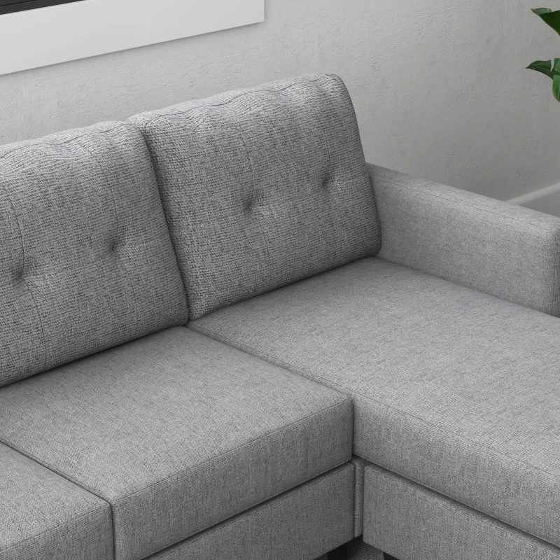 HOMCOM L-shaped Sofa, 3 Seater Couch with Ottoman, Corner Sofa with Thick Padded Cushion and Wood Legs, Light Grey