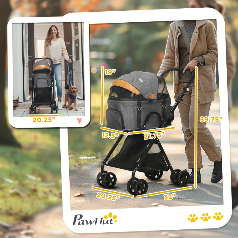 PawHut 2 in1 Foldable Pet Stroller and Detachable Travel Carriage with Lockable Wheels, Adjustable Handlebar Canopy and Zippered Mesh Window Grey