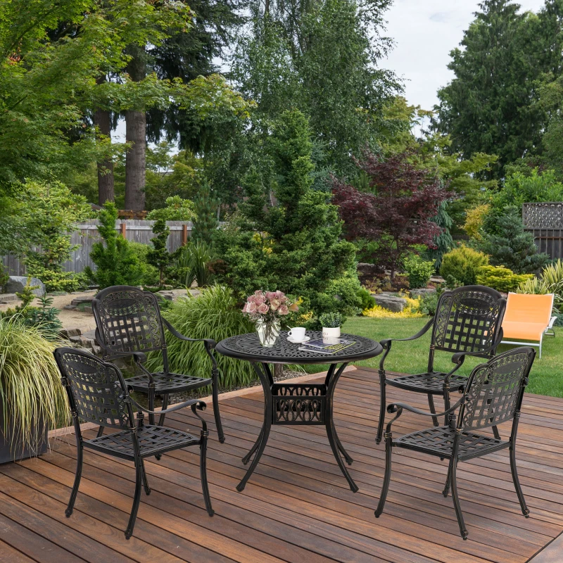 Outsunny 5-Piece Outdoor Patio Dining Set with 4 Armchairs & 1 Table with Umbrella Hole, 35" Round Bistro Table, Cast Aluminium Patio Furniture Set for Garden Deck Yard, Bronze