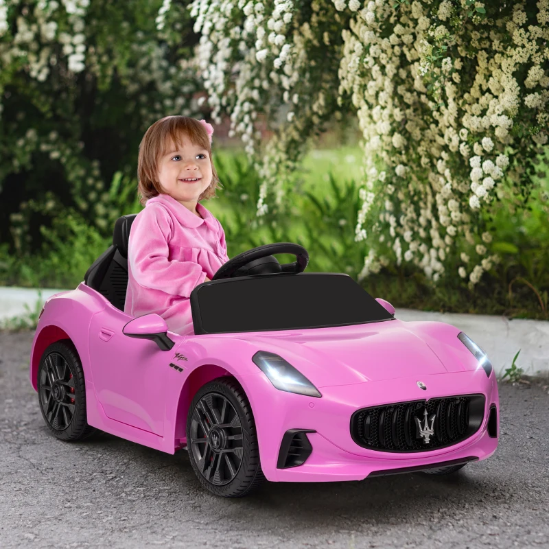 Qaba Maserati Gran Turismo Licensed 12V Kids Electric Car w/ Remote Control, Soft Start, LED Lights, Music, Horn, Pink