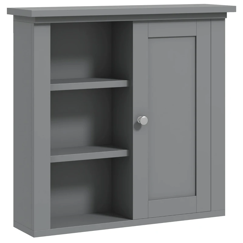 HOMCOM Bathroom Wall Cabinet, Wall Mounted Medicine Cabinet with 3 Open Shelves and Storage Cupboard for Laundry Room, Grey