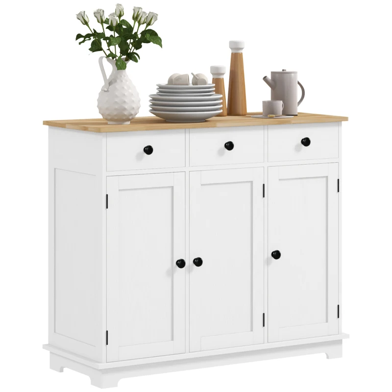 HOMCOM Kitchen Storage Cabinet, Sideboard Floor Cupboard with Solid Wood Top, Adjustable Shelf, and 3 Drawers, White