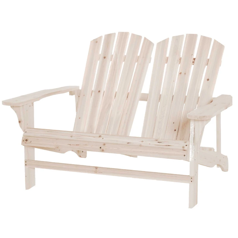 Outsunny 2 Person Adirondack Loveseat, Fire Pit Chair for 2, Wooden Double Adirondack for Patio, Porch, Backyard, Garden with High-back, Wide Armrests, Natural