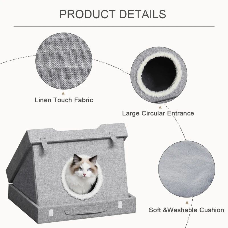 PawHut Cat House Foldable 2 In 1 Design Condo Pet Bed with Removable Washable Cushions Scratching Pad, Grey