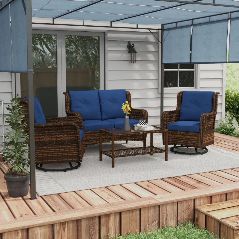 Outsunny 4 Piece Rattan Patio Furniture Set, Conversation Set with Swivel Glider Chairs Table Loveseat for Garden, Patio, Blue