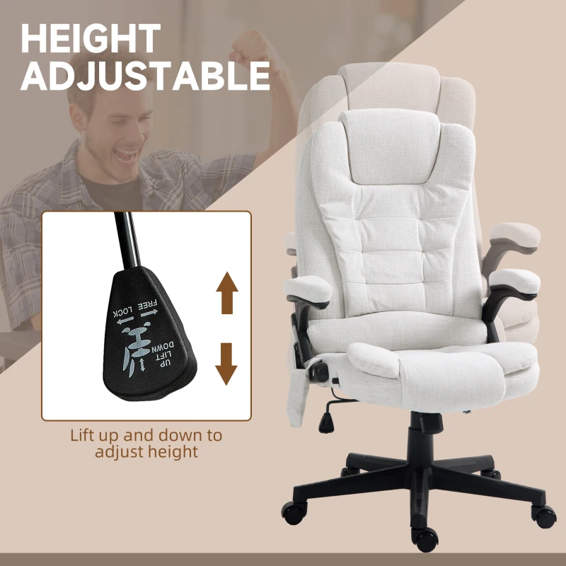 HOMCOM 6 Point Vibrating Massage Office Chair with Heat, Linen High Back Massage Desk Chair with Reclining Backrest, White(m-5)