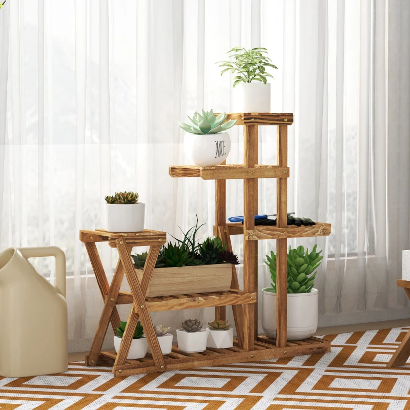 Outsunny Wood Plant Stand 5 Tier Plant Shelf Multiple Flower Pot Holder for Living Room, Patio Corner, Balcony, Indoor Outdoor Use, Natural