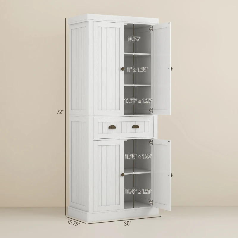 HOMCOM 72" Kitchen Cabinet, Kitchen Pantry Cabinet with 4 Doors, 2 Adjustable Shelves and Drawer, Distressed White