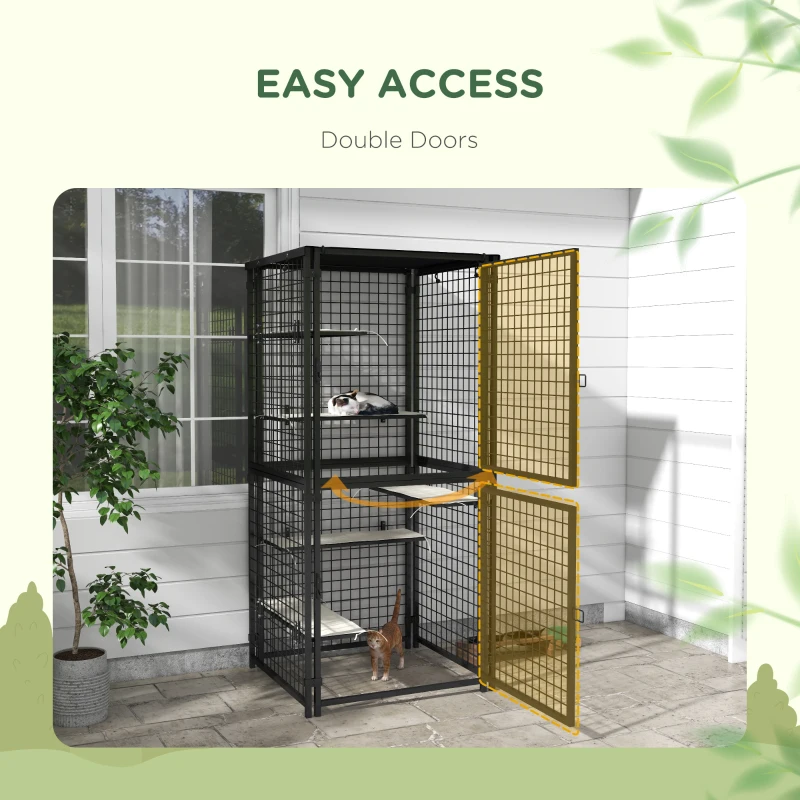 PawHut Cat Cage Multi-Level Catio Steel Outdoor Cat Enclosure w/ UV-and Water Resistant Cover, 5 Platforms, Soft Pads, Black