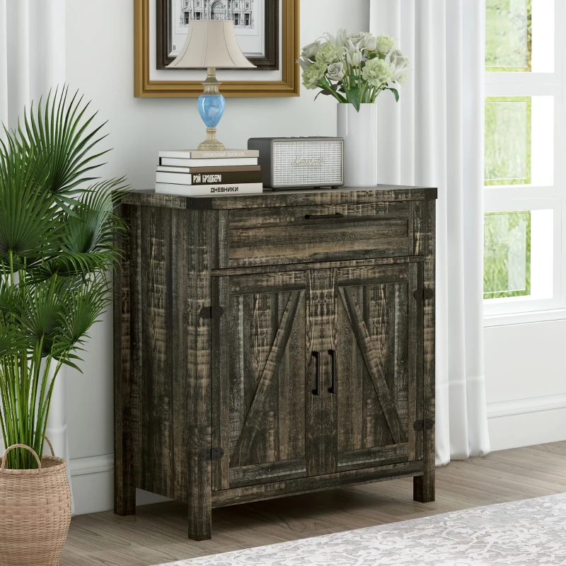 HOMCOM Modern Farmhouse Sideboard with Storage, Buffet Cabinet with 2 Barn Doors and Drawer for Dining Room, Dark Oak