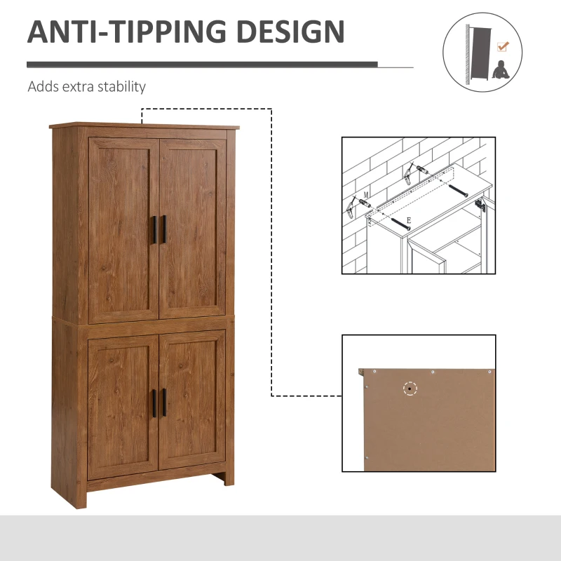 HOMCOM 64" 4-Door Kitchen Pantry, Freestanding Storage Cabinet with 3 Adjustable Shelves for Kitchen, Oak