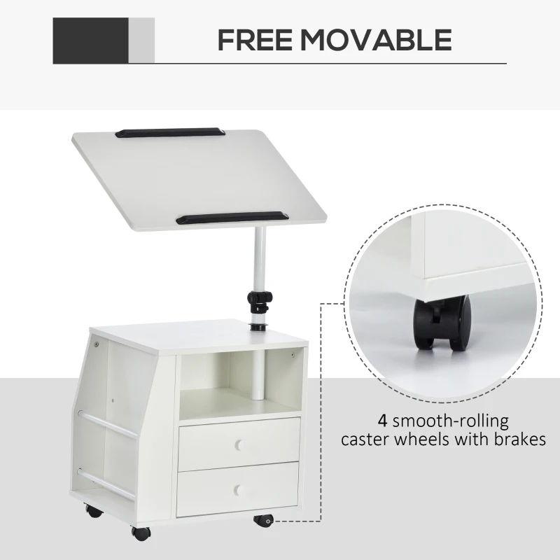 HOMCOM Modern End/Side Table for Living Room with a 360° Adjustable Height Tabletop & Storage Drawers, White