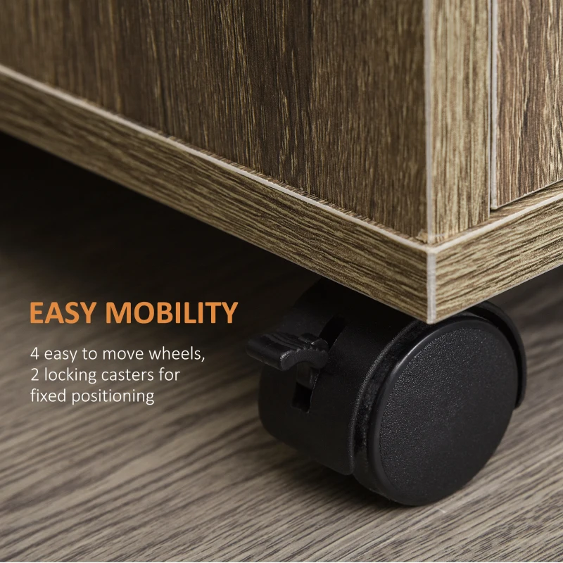 HOMCOM Microwave Cart on Wheels Utility Trolley Storage Sideboard Bookcase with 2-door Cabinet, Grey Wood Grain