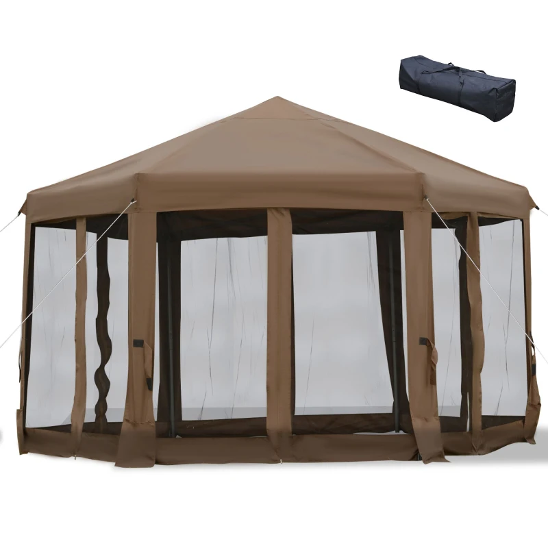 Outsunny 13' x 11' Hexagonal Pop Up Gazebo, Heavy Duty Outdoor Canopy Tent with 6 Mesh Sidewall Netting, 3-Level Adjustable Height and Strong Steel Frame, Brown