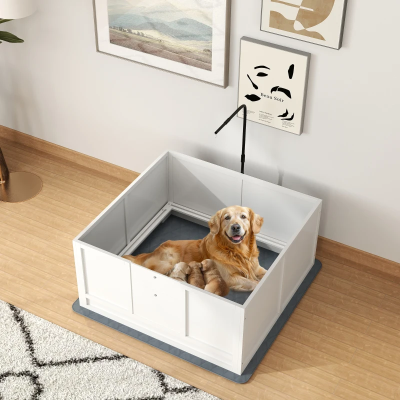 PawHut Whelping Box for Puppies with Pee Pad, Pig Rail, Adjustable Door for Small, Medium & Large Breed Dogs Birth, 41" x 39"