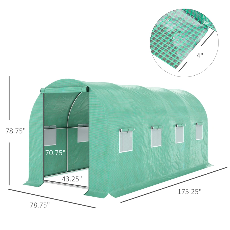 Outsunny 15' x 7' x 6.5' Walk-in Tunnel Hoop Greenhouse, Green House for Outside with PE Cover, Steel Frame, Roll-Up Zipper Door & Windows for Flowers, Vegetables, Tropical Plants, Green