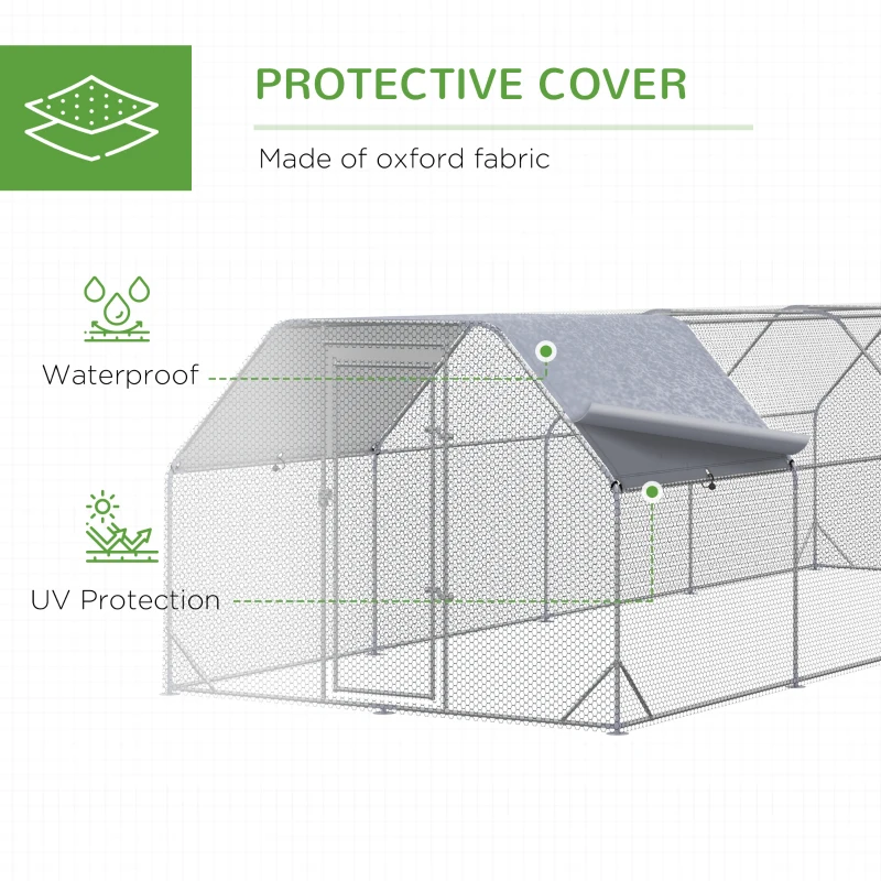 PawHut Large Chicken Coop Metal Chicken Run with Waterproof and Anti-UV Cover, Flat Shaped Walk in Fence Cage Hen House for Outdoor and Yard Farm Use, 1" Tube Diameter, 9.2' x 24.9' x 6.4'