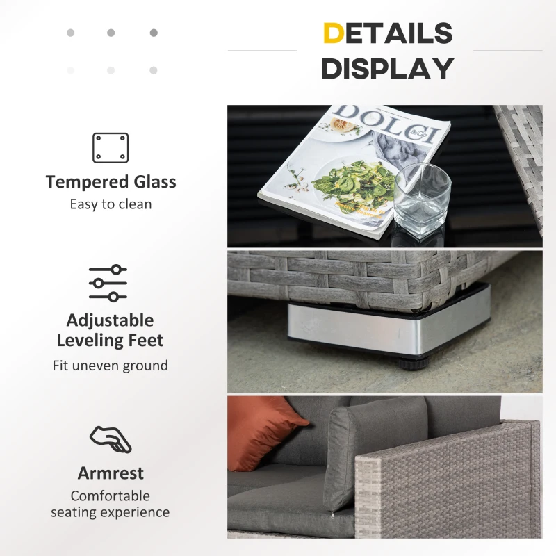 Outsunny 4-Piece Patio Furniture Sets Outdoor Wicker Conversation Set PE Rattan Sectional sofa set with Tempered Glass Coffee Table and Cushions for Backyard and Garden, Gray